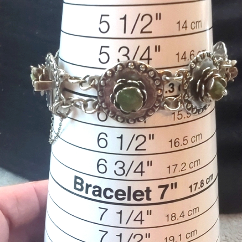 Vintage Sterling Silver Marked 900 With Green Stone Bracelet - Picture 4 of 8
